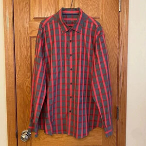 Tasso Elba Men's Long Sleeve Red Gray Checkered Button-Up Shirt XXL 18-18.5